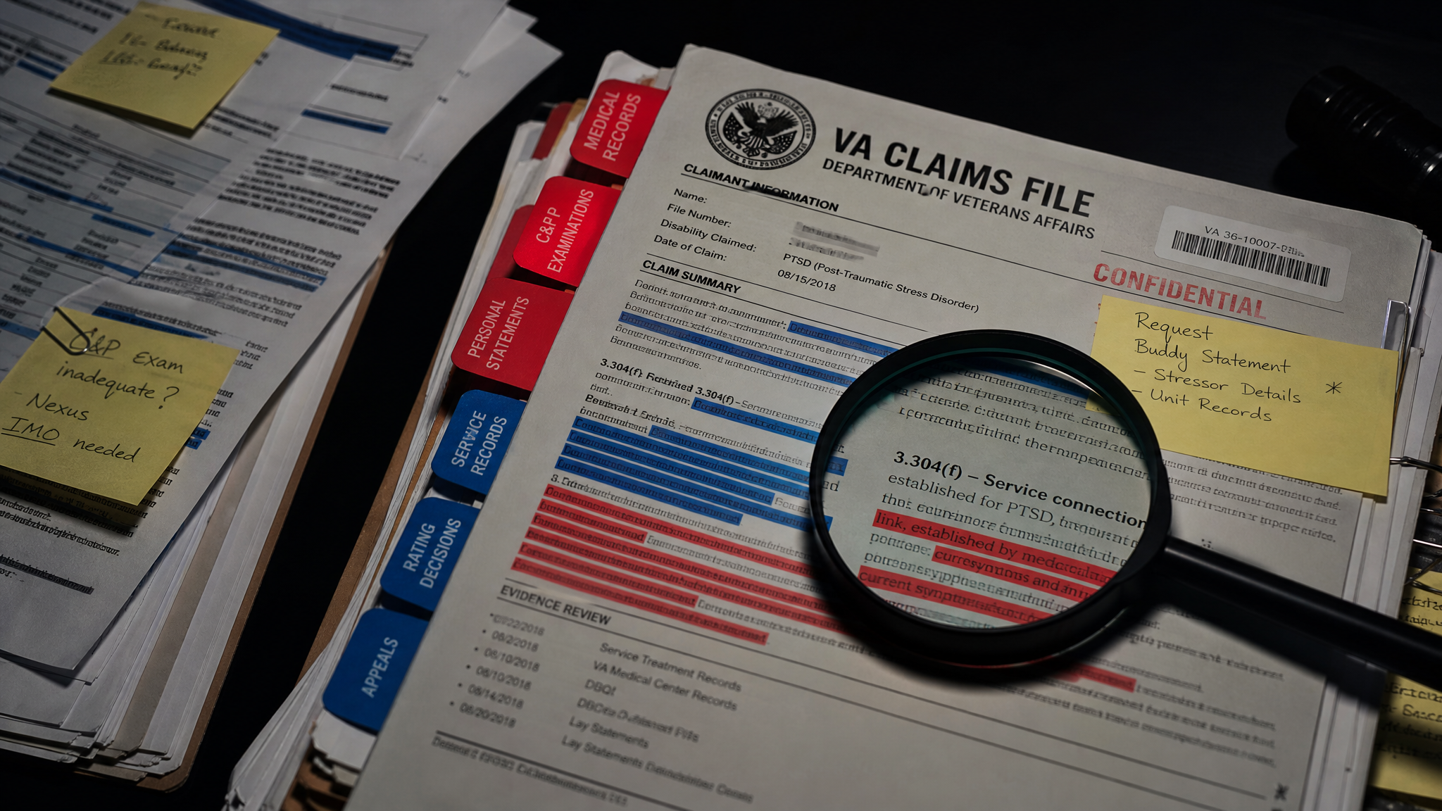 VA disability claim file under forensic analysis with color-coded tabs and highlighted evidence