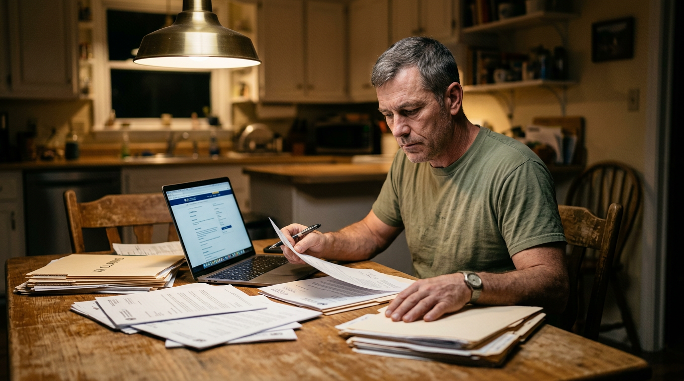 Veteran surrounded by VA claim paperwork at kitchen table, determined expression