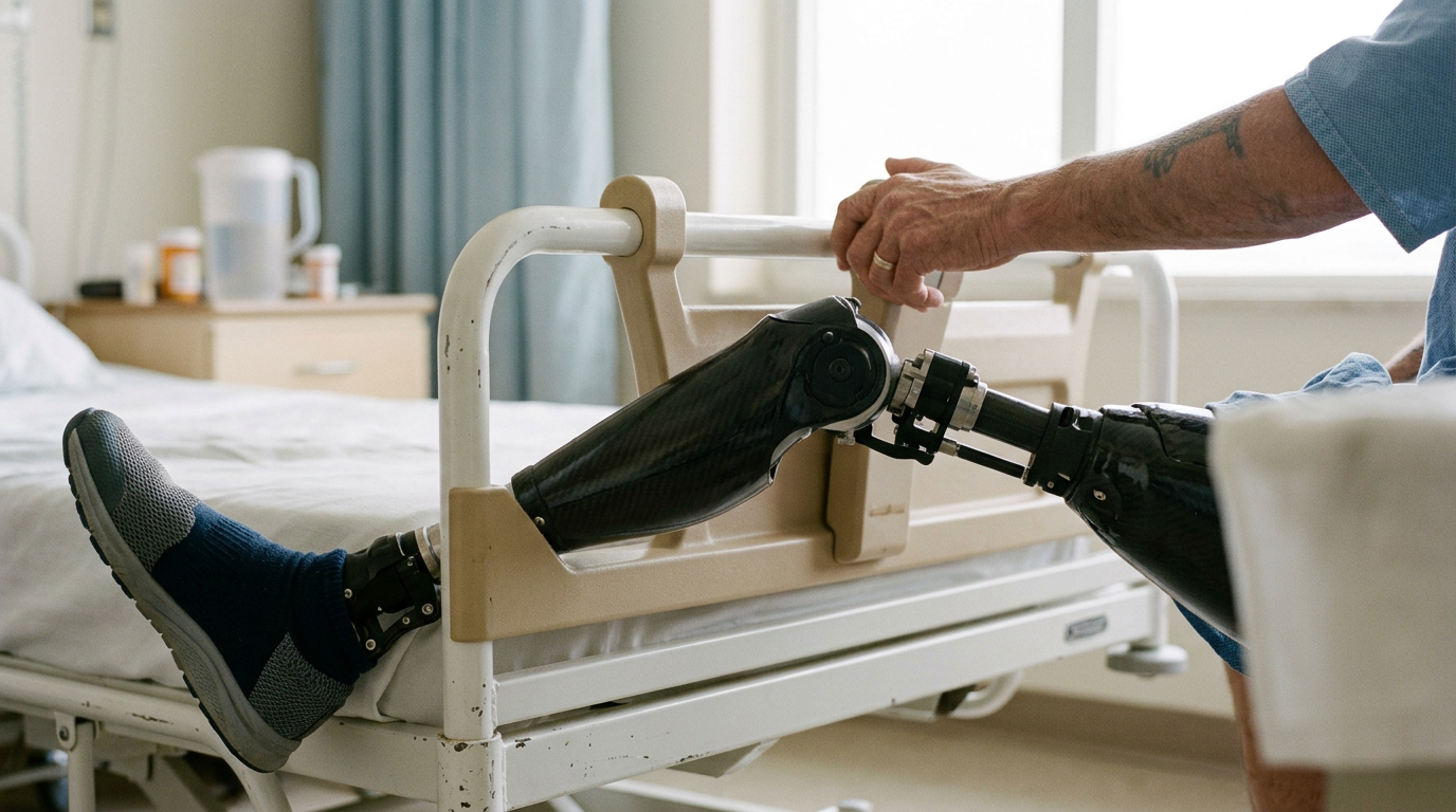 Veteran with prosthetic limb in hospital room, representing Special Monthly Compensation eligibility