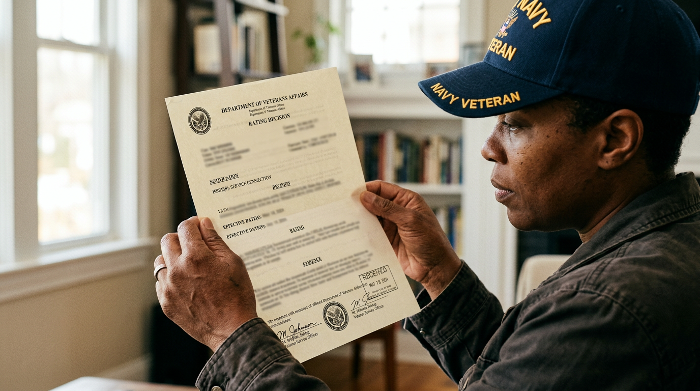 Black female Navy veteran reviewing VA decision letter