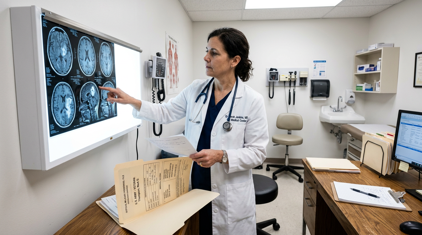 Medical professional reviewing MRI scan with military service records