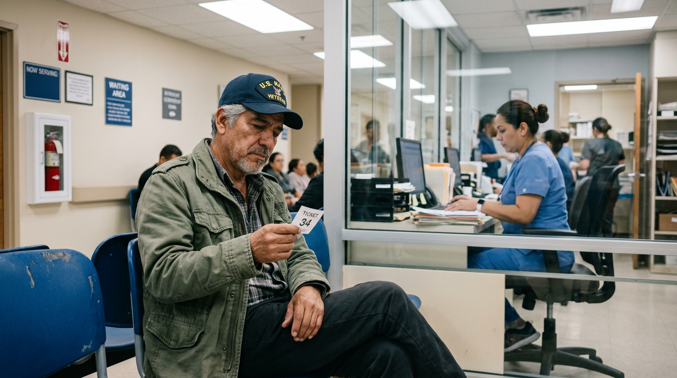 Hispanic male veteran in VA medical clinic waiting room