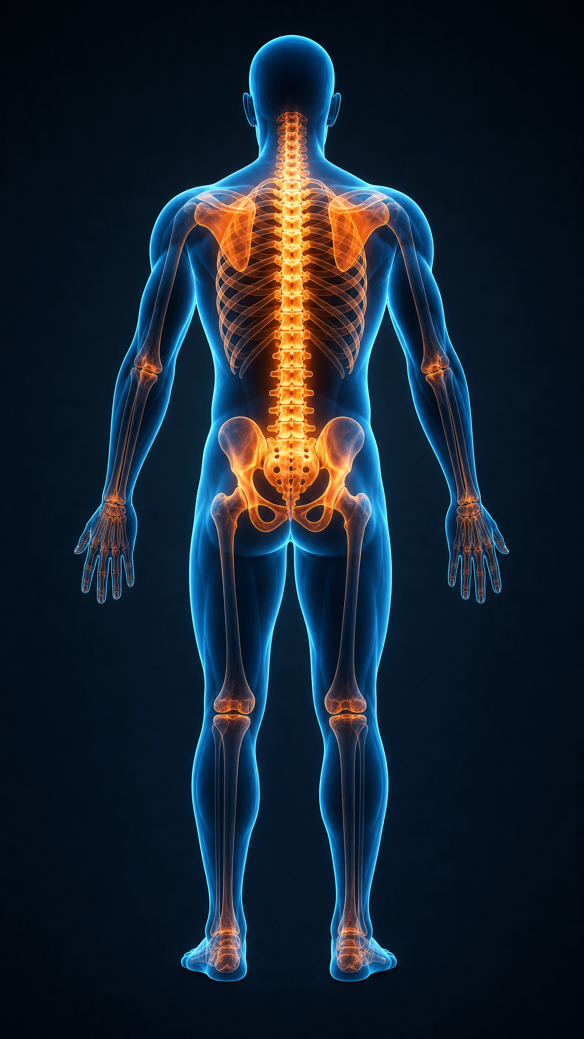 Posterior translucent electric-blue x-ray figure from the head to the feet with a luminous glowing spine, detailed skull, shoulder blades, pelvis, leg bones and hands with individual fingers visible through it