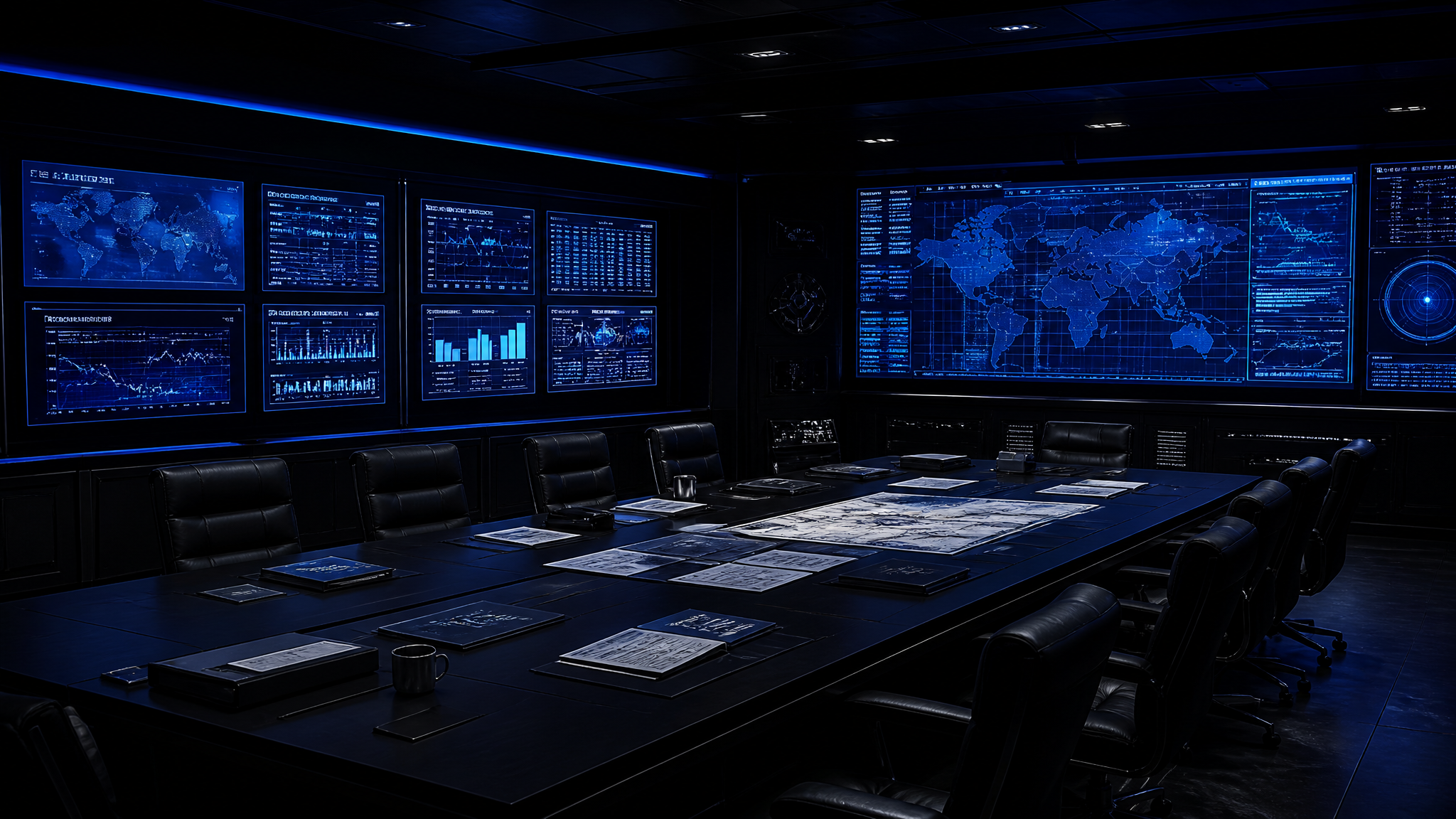 Military command center with data dashboards and tactical briefing table
